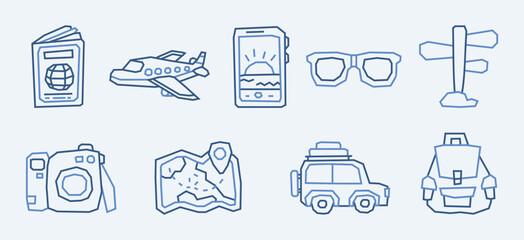 Solid Bold Blue Tone Outline Traveling Theme Icon Collection in Cutout and Flat Design