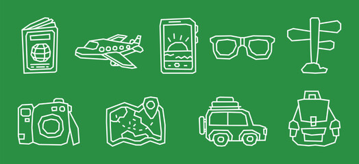 Solid Bold White Outline Traveling Theme Icon Collection in Cutout and Flat Design