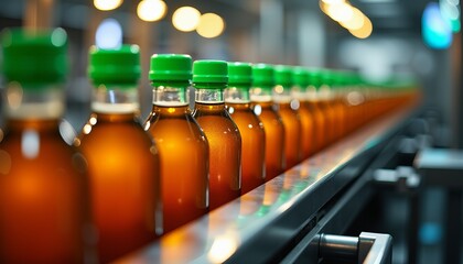 High Speed Bottling Line A Steady Stream of Amber Liquid and Bright Green Caps