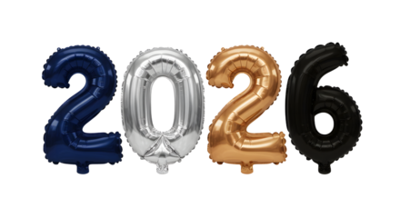 Colorful metallic balloons shaped as numbers 2026 in blue, silver, gold, and black for celebrating the new year or milestone events
