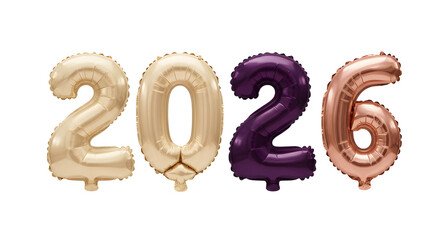 Shiny gold, purple, and rose gold number balloons forming 2026, festive decoration for New Year celebrations or milestone events