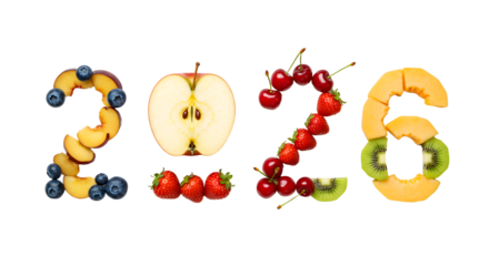 Creative number icons 2026 made with fruits and berries, healthy and colorful fruit art representation, perfect for food and nutrition designs