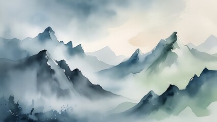 Serene watercolor painting of mountain peaks evoking tranquility and natural beauty in the landscape