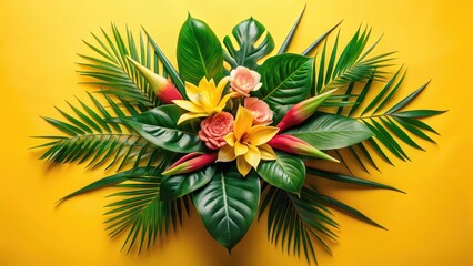 Fototapeta premium Vibrant Tropical Floral Arrangement with Lush Green Foliage on Sunny Yellow Background