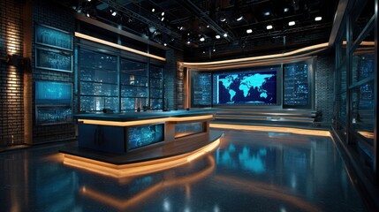 Obraz premium Modern News Studio Interior with World Map Display and Technological Lighting