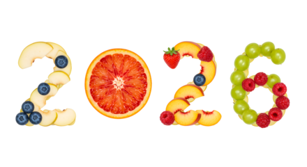 Creative 2026 numbers made of fresh fruit slices including blueberries, orange, strawberries, and grapes, perfect for healthy lifestyle concepts