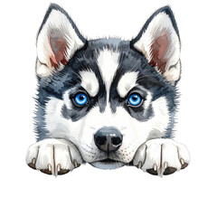 Siberian Husky Puppy Illustration Isolated On White Background: A cute Siberian husky puppy with striking blue eyes and a playful demeanor, rendered in a vibrant illustration.
