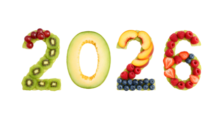 Fresh fruit numbers 2026 with kiwi, melon, berries and citrus slices isolated on white background, healthy food concept for new year or date display