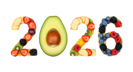 Creative 2026 numbers made with avocado and fresh mixed fruits like bananas, strawberries, blueberries, and blackberries in colorful design, perfect for healthy lifestyle and nutrition concepts