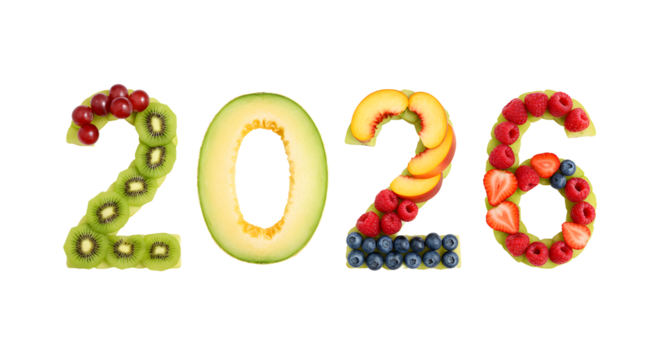 Fresh fruit numbers 2026 with kiwi, melon, berries and citrus slices isolated on white background, healthy food concept for new year or date display