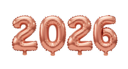 Rose gold number 2026 balloons on white background, New Year celebration decoration, perfect for parties and events
