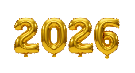 Gold foil number balloons forming 2026 on white background, perfect for New Year celebrations and milestone events