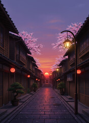 Naklejka premium A village With a beautiful sunset in a village