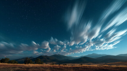 Stunning time lapse of clouds drifting across starry night sky over mountains, creating serene