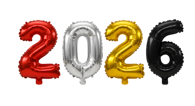 Red, silver, gold, and black 2026 number balloons on white background, perfect for New Year celebrations or milestone events