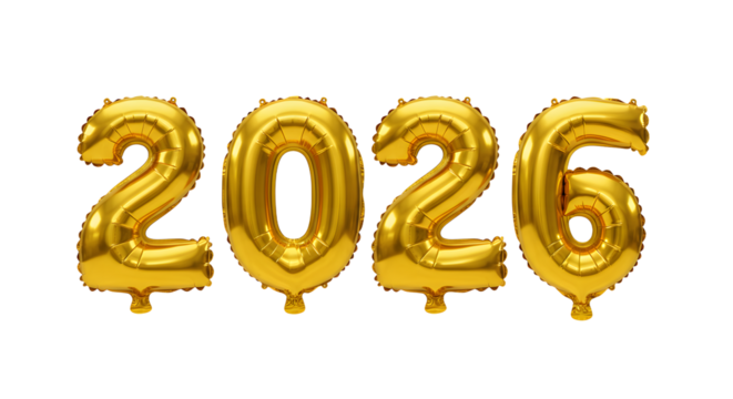 Gold foil number balloons forming 2026 on white background, perfect for New Year celebrations and milestone events