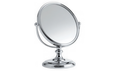 Reflective oval vanity mirror with adjustable stand for makeup and grooming tasks transparent background