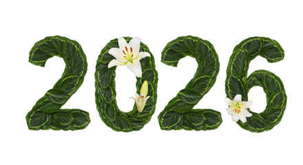 Green leafy numbers 2026 decorated with white lilies, symbolizing eco-friendly 2026 and nature-themed celebrations