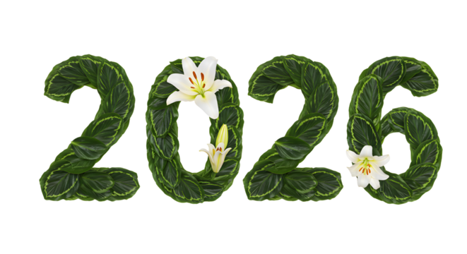 Green leafy numbers 2026 decorated with white lilies, symbolizing eco-friendly 2026 and nature-themed celebrations