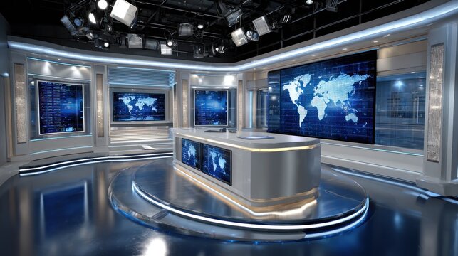 Modern News Studio with World Map Display and Contemporary Design Background