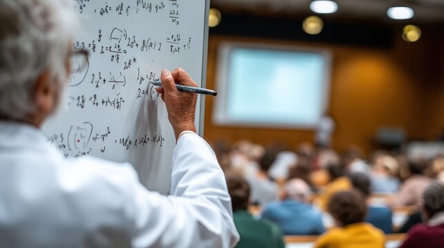 Mature professor writing scientific equations on whiteboard during university lecture