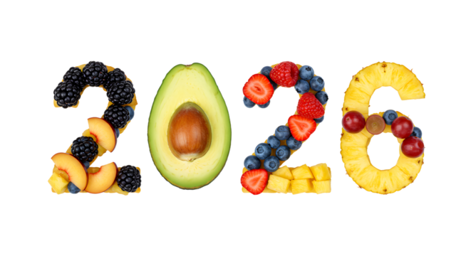 Healthy 2026 numbers made from fresh fruits and avocado, creative food art for New Year nutrition and wellness, perfect for health campaigns