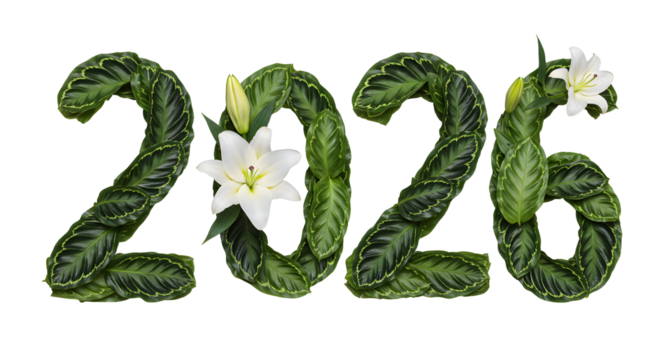 Green tropical leaves shaped as 2026 with white lilies, nature inspired floral numbers for eco-friendly new year design