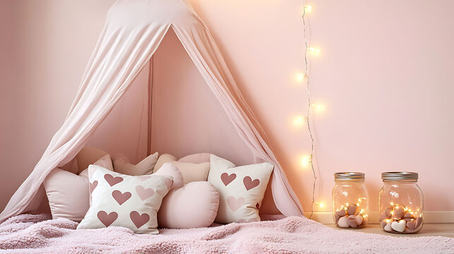 A childrena??s reading corner with heart-print pillows, a pale pink canopy, and warm string lights in jars, sitting on a thick plush blanket with a clean pink background, - Powered by Adobe