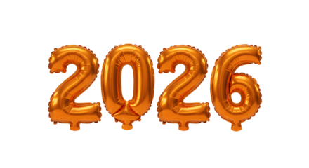 Gold foil balloon numbers 2026 isolated on white background, decorative party accessory for new year celebrations or milestone events