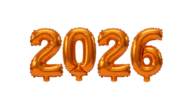 Gold foil balloon numbers 2026 isolated on white background, decorative party accessory for new year celebrations or milestone events
