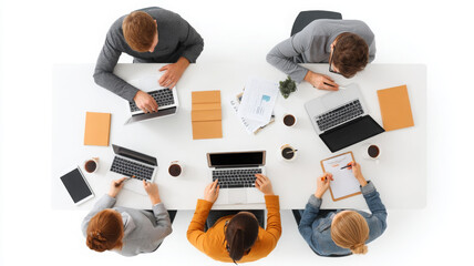 Collaborative business team working with laptops and notepads, sharing ideas and strategies