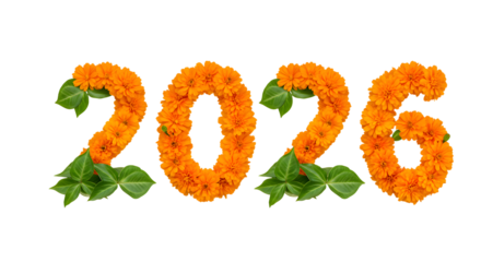 2026 made from vibrant orange marigold flowers and green leaves, symbolizing celebration and new beginnings, perfect for event decoration and festive designs