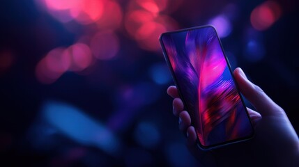 A vibrant smartphone is held in a hand, displaying a colorful abstract wallpaper against a blurred background of purple and blue lights.