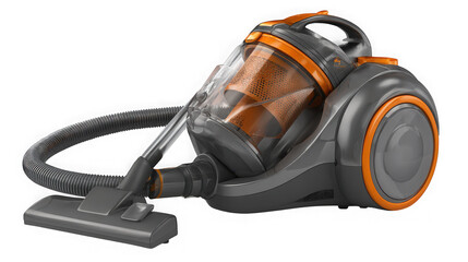 Fototapeta premium Modern cylinder vacuum cleaner with orange accents for efficient home cleaning transparent background