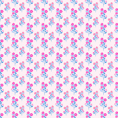 Seamless pattern with pink flowers and blue-green leaves on pastel background