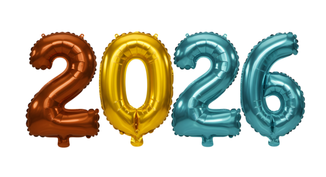Metallic 2026 number balloons in bronze, gold, and blue colors on white background, perfect for New Year celebrations and milestone events