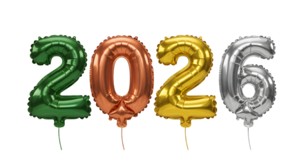 2026 number balloons in green, copper, gold, and silver on white background, festive decoration for New Year celebrations or milestone events