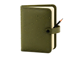 Open green spiral bound notebook with pencil isolated on transparent background