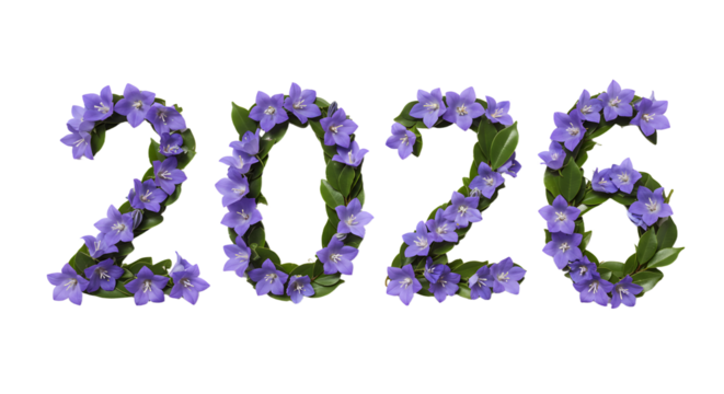 2026 numbers made from purple flowers and green leaves on white background, floral design perfect for seasonal greetings or calendars