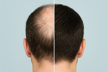 Obraz premium male hair regrowth transformation showing before and after comparison, effective hair loss treatment results, improved scalp coverage