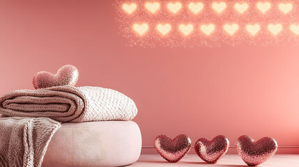 A layered cozy scene with a folded knit blanket on a round pouf, heart-shaped sequin pillows, and a wall of tiny glowing hearts above, all resting against a pink solid background,