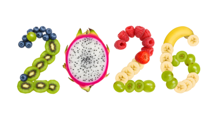 2026 spelled with fresh fruits including kiwi, blueberry, dragon fruit, raspberry, banana, and green grapes on white background, perfect for healthy and creative displays