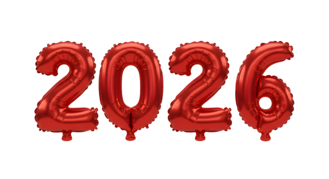 Red foil balloons shaped as the numbers 2026 isolated on white background, perfect for New Year celebrations and countdown events