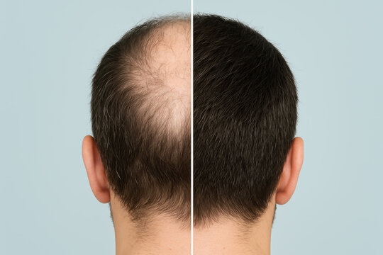 male hair regrowth transformation showing before and after comparison, effective hair loss treatment results, improved scalp coverage