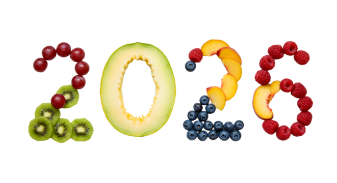 2026 shaped with fresh fruits including kiwi, pineapple, blueberries, raspberries, and peach slices, healthy and vibrant number design perfect for nutrition or new year themes