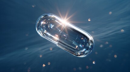 A transparent capsule floats in water with light reflections, symbolizing life saving medications, healthcare,