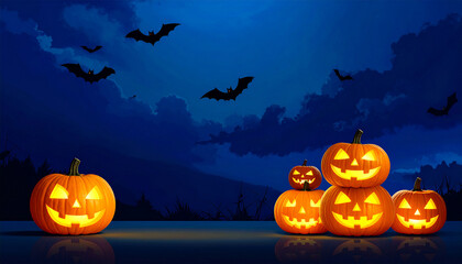 Spooky Halloween Pumpkin Night: A cluster of carved pumpkins casting an eerie glow against the twilight sky, accompanied by silhouettes of bats, a perfect illustration of Halloween spirit.