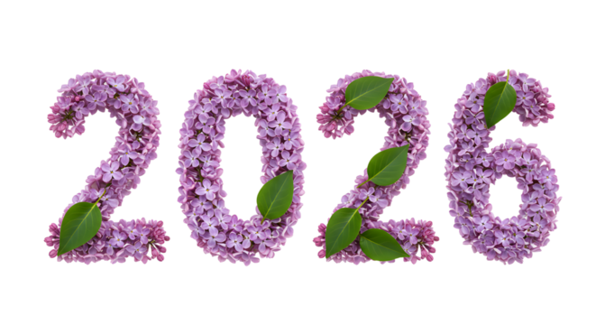 2026 year numbers made of purple lilac flowers with green leaves, spring season concept, perfect for seasonal greetings