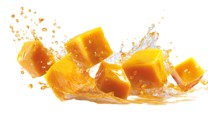 Cubes of ripe mango with splash isolated on white background.