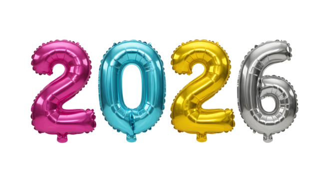 Colorful 2026 foil balloons in pink, blue, gold, and silver on white background, perfect for New Year celebrations and milestone events